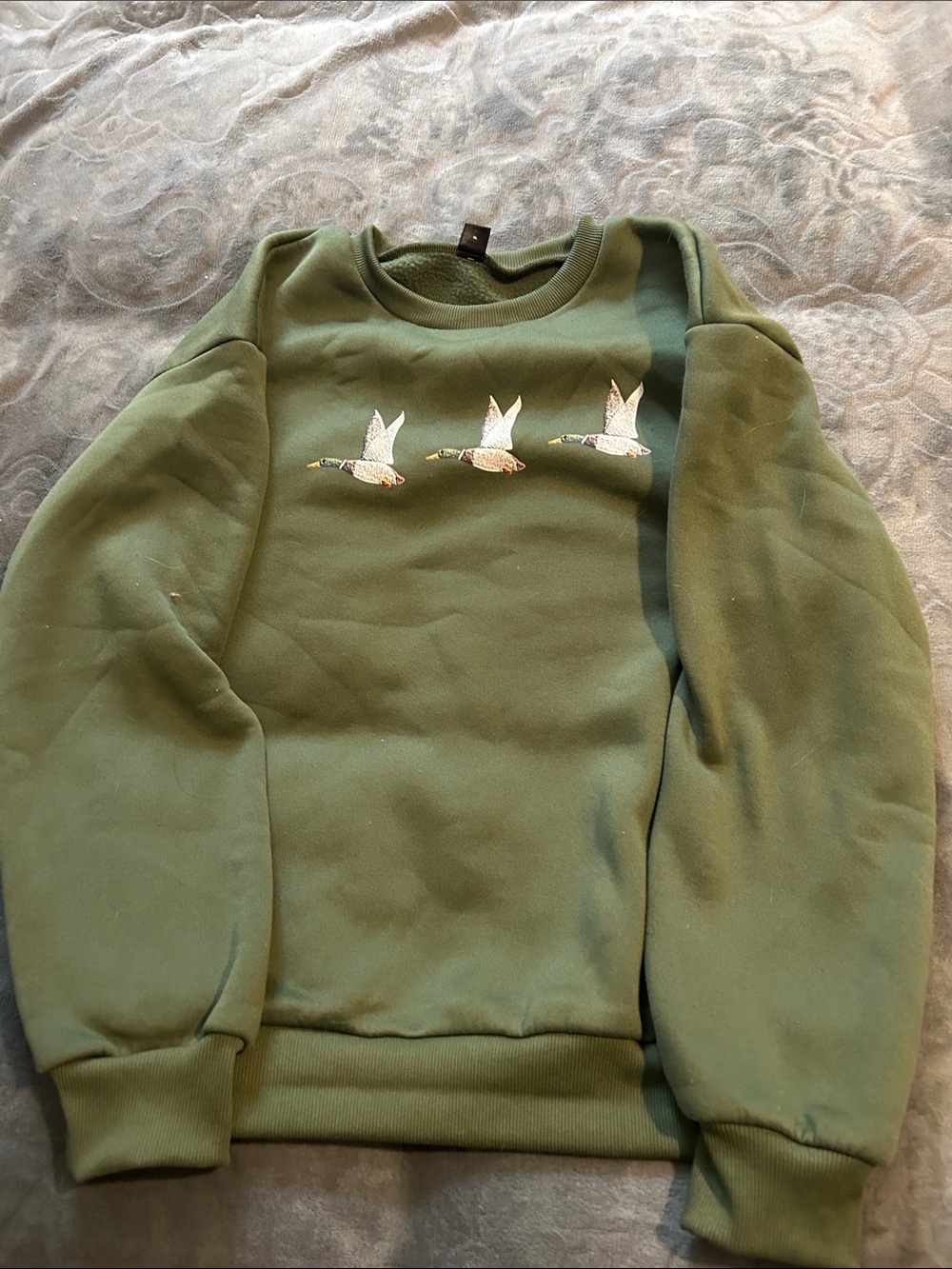 Green Crewneck Sweatshirt with Embroidered Flying Ducks